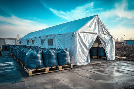 Double exposure of a white tent with black bags at a military base against a blue sky backgroundの素材