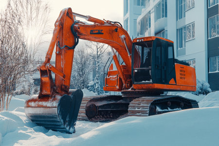 Orange excavator in snowy urban setting a vivid contrast of machinery and winter landscapeの素材