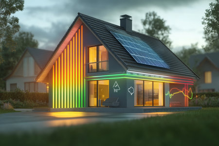 Holographic energy efficiency display on a modern eco friendly house with vibrant color stripesの素材