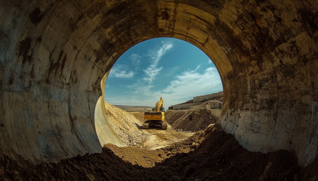 A caterpillar excavator digs the earth beneath a blue sky at a construction site through a pipeの素材