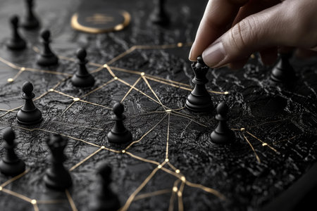 Conceptual strategy board with nodes and pawns a delicate hand adjusts the path of decision makingの素材