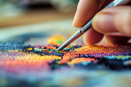 Close up of a diamond painting craft art project using tweeters for embroidery focusの素材