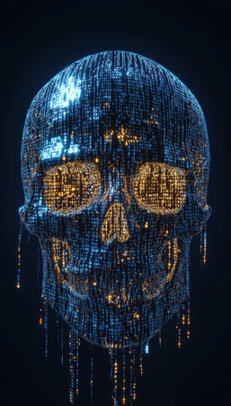 A mesmerizing cyberpunk skull made of cascading binary code in a dark, futuristic atmosphereの素材