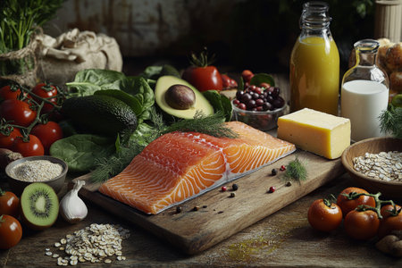 Vibrant display of fresh foods on a rustic table salmon, vegetables, and dairy delightsの素材