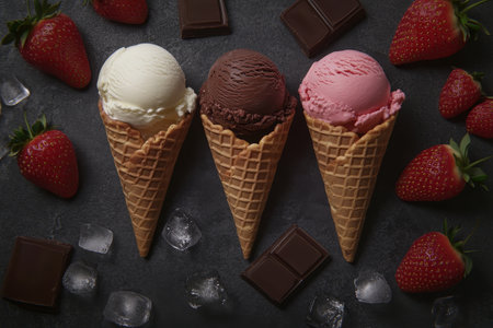 Vibrant waffle cone ice creams on dark surface with fresh strawberries and chocolate chunksの素材