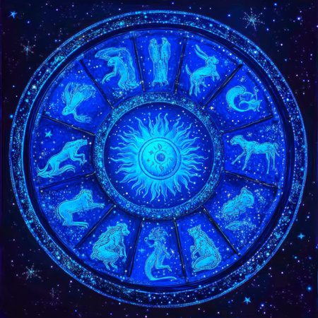 Zodiac signs encircled by a glowing blue aura, with a central sun and starry night backgroundの素材