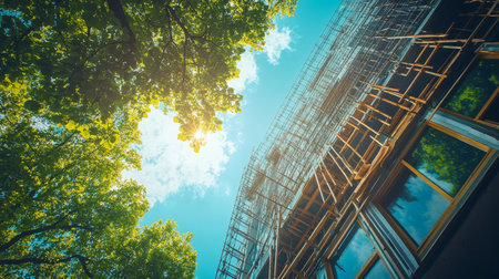 Photograph of a modern building under construction with scaffolding against a summer skyの素材