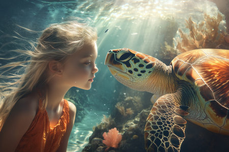 A magical underwater encounter a young girl and a sea turtle in a serene ocean landscapeの素材