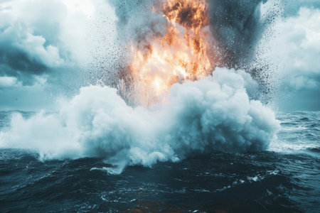 Realistic image of an explosion in the ocean white water splash from a bomb dropped by warshipの素材