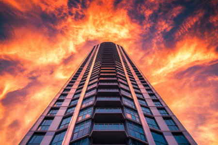 Stunning sunset over towering skyscraper a breathtaking urban architectural photography sceneの素材