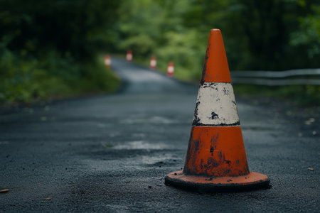 Close up of a weathered orange and white traffic cone on a freshly paved asphalt roadの素材