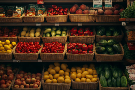 Vibrant display of fresh fruits and vegetables in a neatly organized grocery store sectionの素材