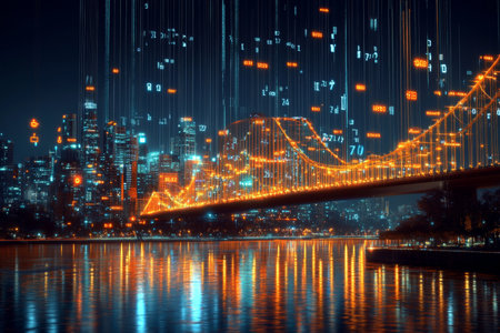 Futuristic urban landscape blending financial growth and data analytics in a night cityscapeの素材