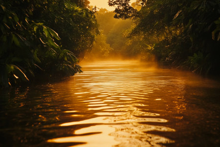 Serene river reflections a tranquil natural scene surrounded by lush greenery and golden lightの素材
