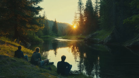 Serene forest stream reflecting golden sunset with people enjoying peaceful atmosphereの素材