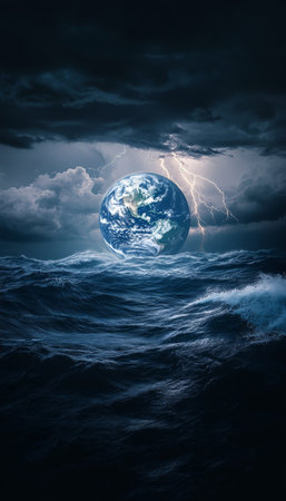 Stunning realistic image of earth amidst stormy ocean with lightning against dark skyの素材