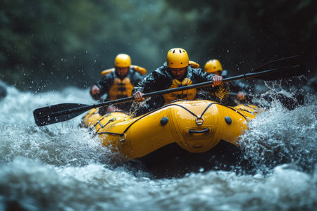 Intense whitewater rafting adventure three paddlers conquer turbulent rapids in bright yellow raftの素材