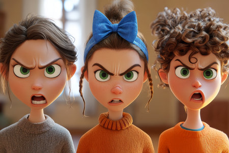 Animated close up of three cartoon girls with exaggerated expressions in a warm indoor settingの素材