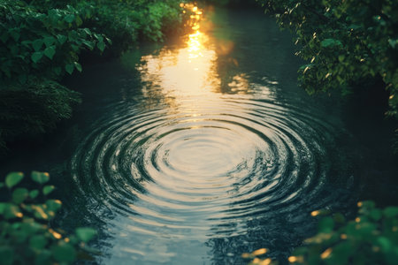 Serene natural landscape a calm river reflecting golden sunlight amidst lush greeneryの素材