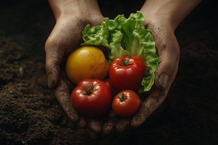 Close up of hands holding freshly harvested vegetables in rich, dark soil for sustainabilityの素材