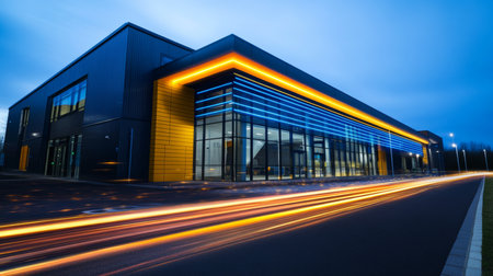 Modern Office Building Exterior with Neon Lights at Dusk, Architecture, Commercial Real Estateの素材