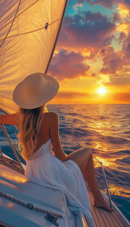 A beautiful woman in a white dress enjoys a sunset on a luxury yacht in the open seaの素材