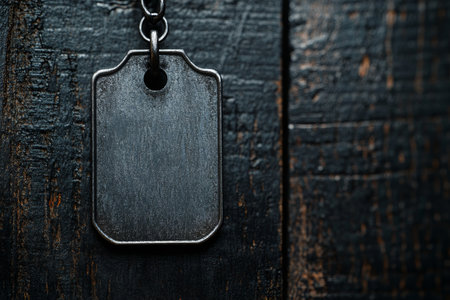 Close up of a blank military dog tag on dark chain against textured black wooden backgroundの素材