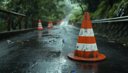 Close up of a worn traffic cone on fresh asphalt surrounded by lush foliage and urban elementsの素材