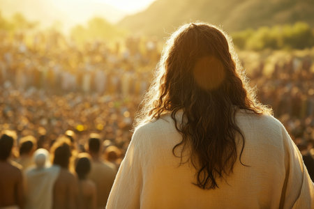 A bearded man in an off white robe inspires a large crowd in a serene desert landscapeの素材