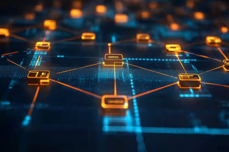 Futuristic digital technology background featuring blue grid, binary code, and cyber network diagramの素材