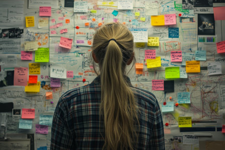 Woman in plaid shirt engaged with colorful brainstorming board in creative workspaceの素材