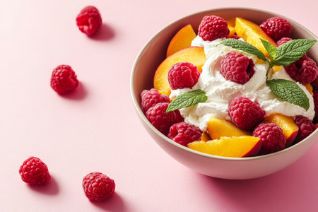 Vibrant trisean bowl filled with fresh peaches, raspberries, and cream cheese on pink backdropの素材