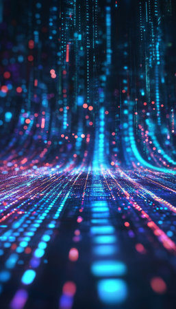 Dynamic digital technology concept illustrating fast data transfer on a vibrant night roadの素材