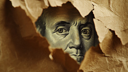 A torn kraft paper revealing benjamin franklin s eyes from a hidden u.sone hundred dollar billの素材
