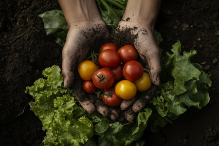 Hands holding fresh vegetables and soil, celebrating connection to nature and organic farmingの素材