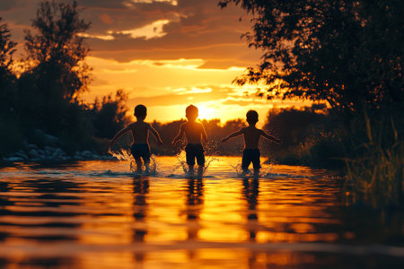 Joyful children playing in shallow water at sunset with vibrant sky and serene backgroundの素材