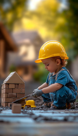 A skilled bricklayer applying concrete to a brick wall while constructing a new homeの素材