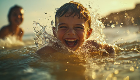 Joyful family beach day children splashing water and laughing together in the sunlightの素材