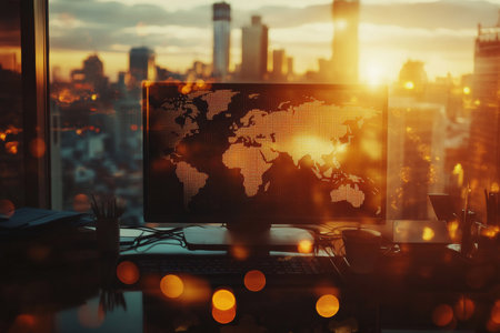 Abstract digital marketing visual with social network icons and world map on office computer screenの素材