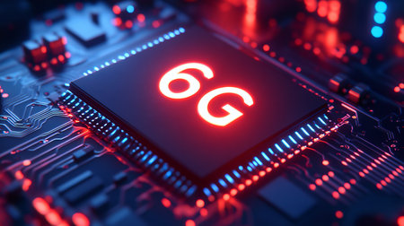Close up of a glowing 6g chip on an electronic circuit board with high tech blue and red tonesの素材