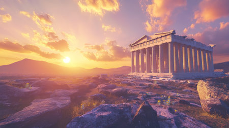 Hyper realistic sunset over the parthenon golden light illuminates ancient athens beautyの素材
