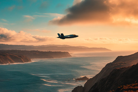 F 35b jet launches from palette road with ocean view in California stunning photorealistic imageの素材