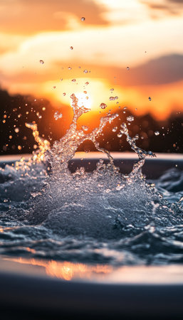 Stunning close up of water splashing from a hot tub illuminated by a beautiful sunset backdropの素材