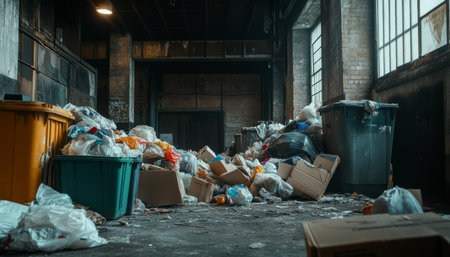 Cinematic photo of an abandoned building filled with trash, plastic bags, and cardboard boxes.の素材
