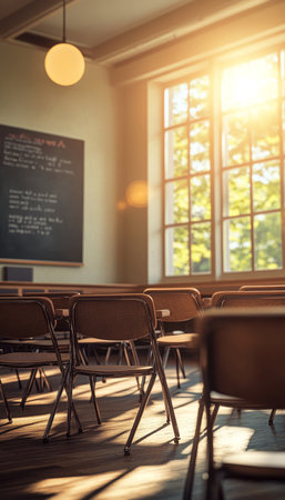 A hyperrealistic high school classroom bathed in sunlight and cinematic flare lightingの素材