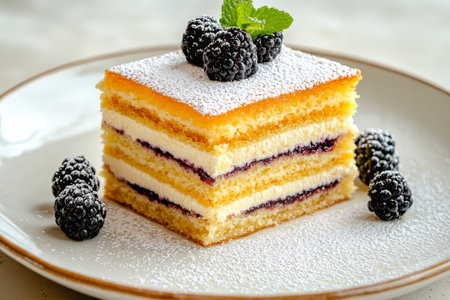 Delicately layered golden sponge cake with rich fruit jam and fresh blackberries on elegant plateの素材