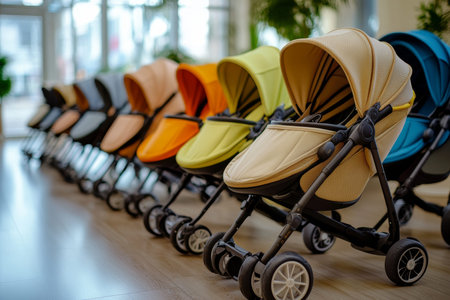 Vibrant display of modern baby strollers in a bright, welcoming showroom settingの素材