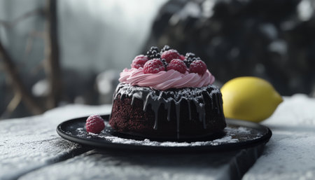 Delicious chocolate cake with pink cream and berries on a white table with soft lightingの素材