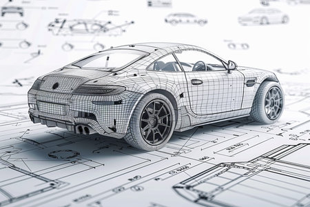3d automobile model over engineering schematics automotive manufacturing and design conceptの素材