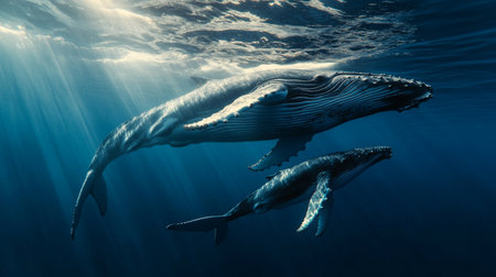 Stunning underwater scene of a mother and baby humpback whale swimming in sunlit ocean watersの素材